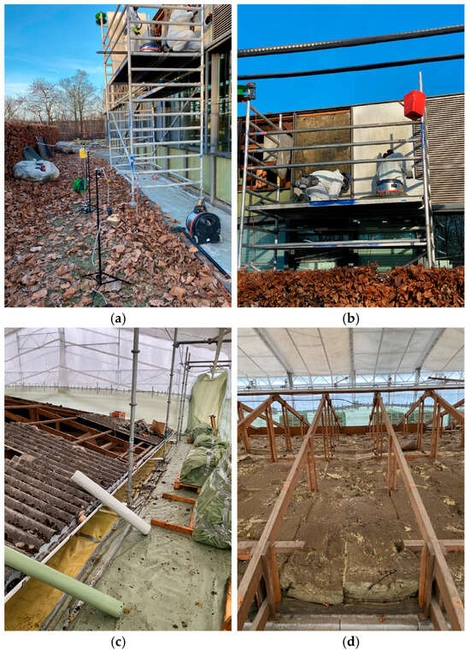 Measuring set up and conditions during removal of facade panels (a,b) and roofing sheets and underlying insulation (c,d). (a) Stationary samples during the removal of facade panels. (b) Personal samples conducted on workers during the removal of facade panels with underlying insulation. (c) Working area during the removal of roofing sheets. The roofing plates covered with moss. (d) A large amount of asbestos-containing dust on the top of the insulation after removing the roof.