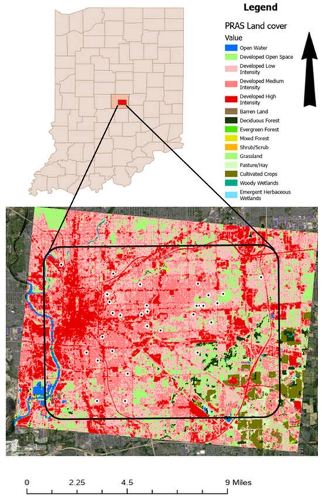Location and land cover of the Pleasant Run Airshed (PRAS). Points (black dot inside white circle) are locations where PA-II-SD sensors were placed.