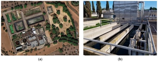 (a) Detailed view of the plant layout highlighting the main treatment units; (b) photograph of the chlorine contact tank, which constitutes the subject of the hydraulics and CFD analyses presented in this study.