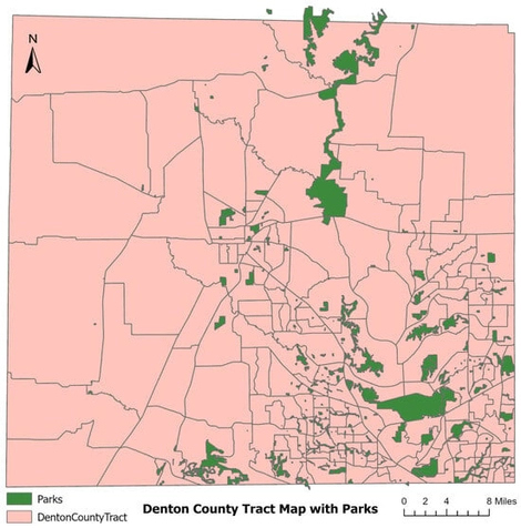 Denton County tract map with parks.