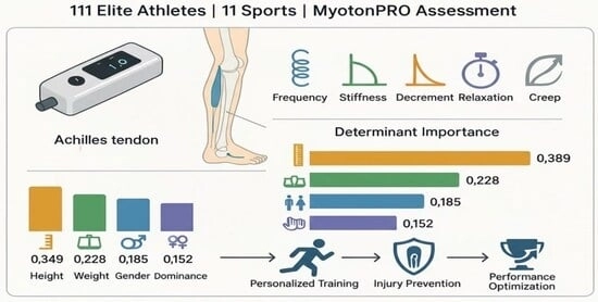 Correlations between height (cm) and biomechanical properties of Achilles and patellar tendons. Y-axes show frequency (Hz), stiffness (N/m), logarithmic decrement (dimensionless), relaxation (ms), and creep (mm). Sample size: n = 111 elite athletes. Scatter plots show individual data points colored by sex (blue = male, red = female) with regression lines (black). Gray area represents the confidence interval of the regression line. Correlation coefficients (r) and p-values are displayed for each relationship.