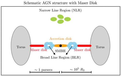 A schematic illustration of a maser disk within the standard AGN paradigm, highlighting its location relative to the torus, broad-line region (BLR), narrow-line region (NLR), and the central black hole. Past X-ray observations suggest that a maser disk may be the inner extension of an AGN torus [29]. The inner boundary of a maser disk is typically consistent with the dust sublimation radius and has a radius of ∼1 × 105 RS [30], where RS indicates the Schwarzschild radius of the center black hole.