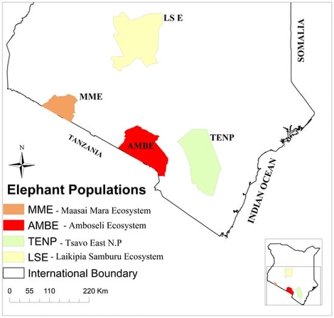 Partial map of Kenya showing elephant distribution in Kenya, including TENP and the LSE, our areas of study [4].