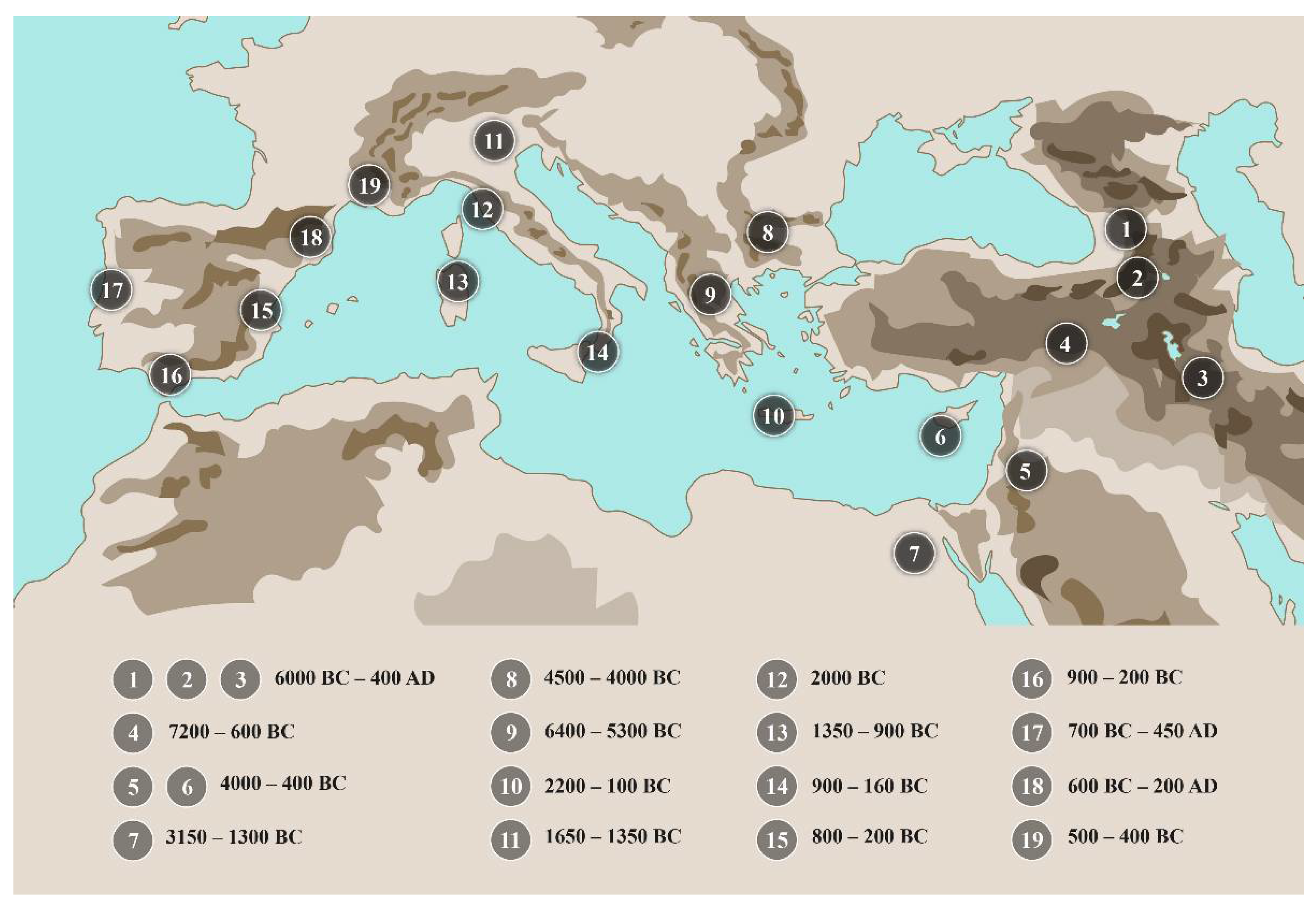 Map of the Mediterranean Sea indicating the sampled localities, coded