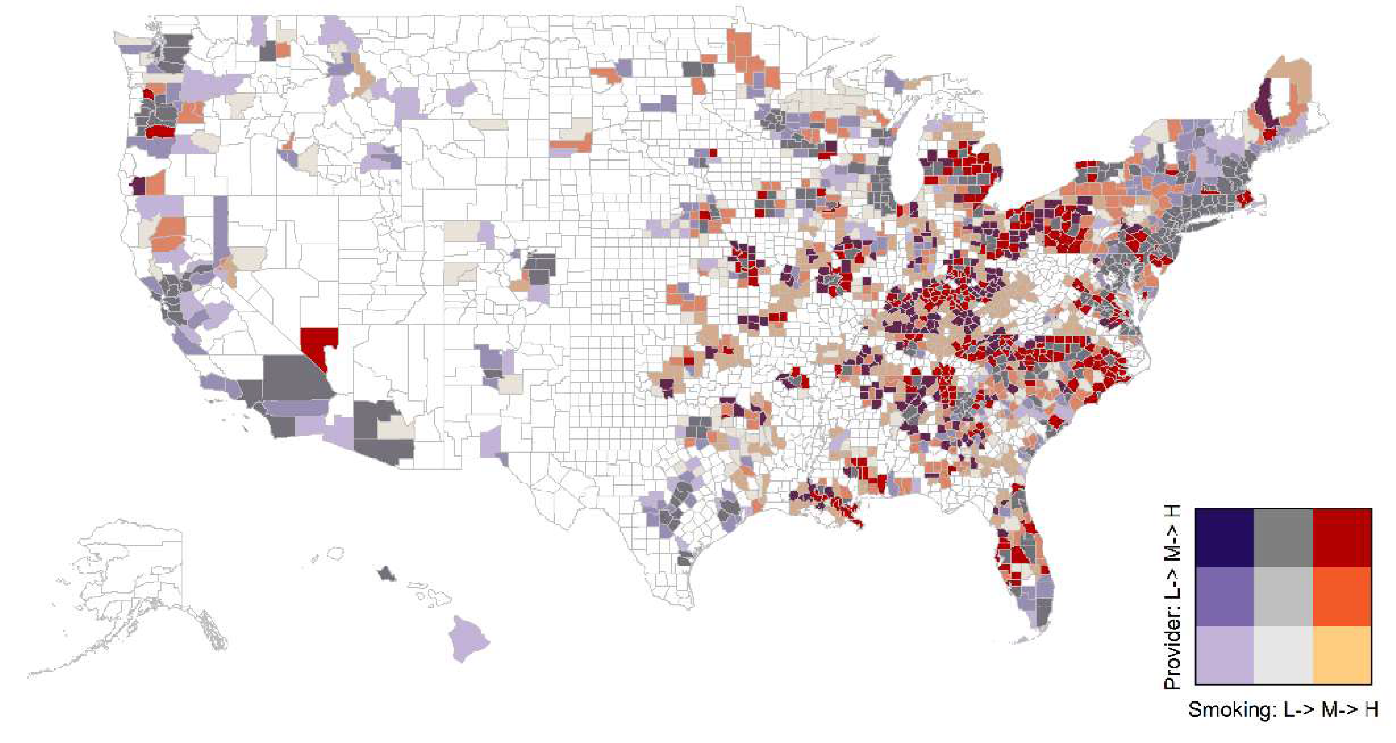 Bivariate spatial pattern between smoking prevalence and lung cancer