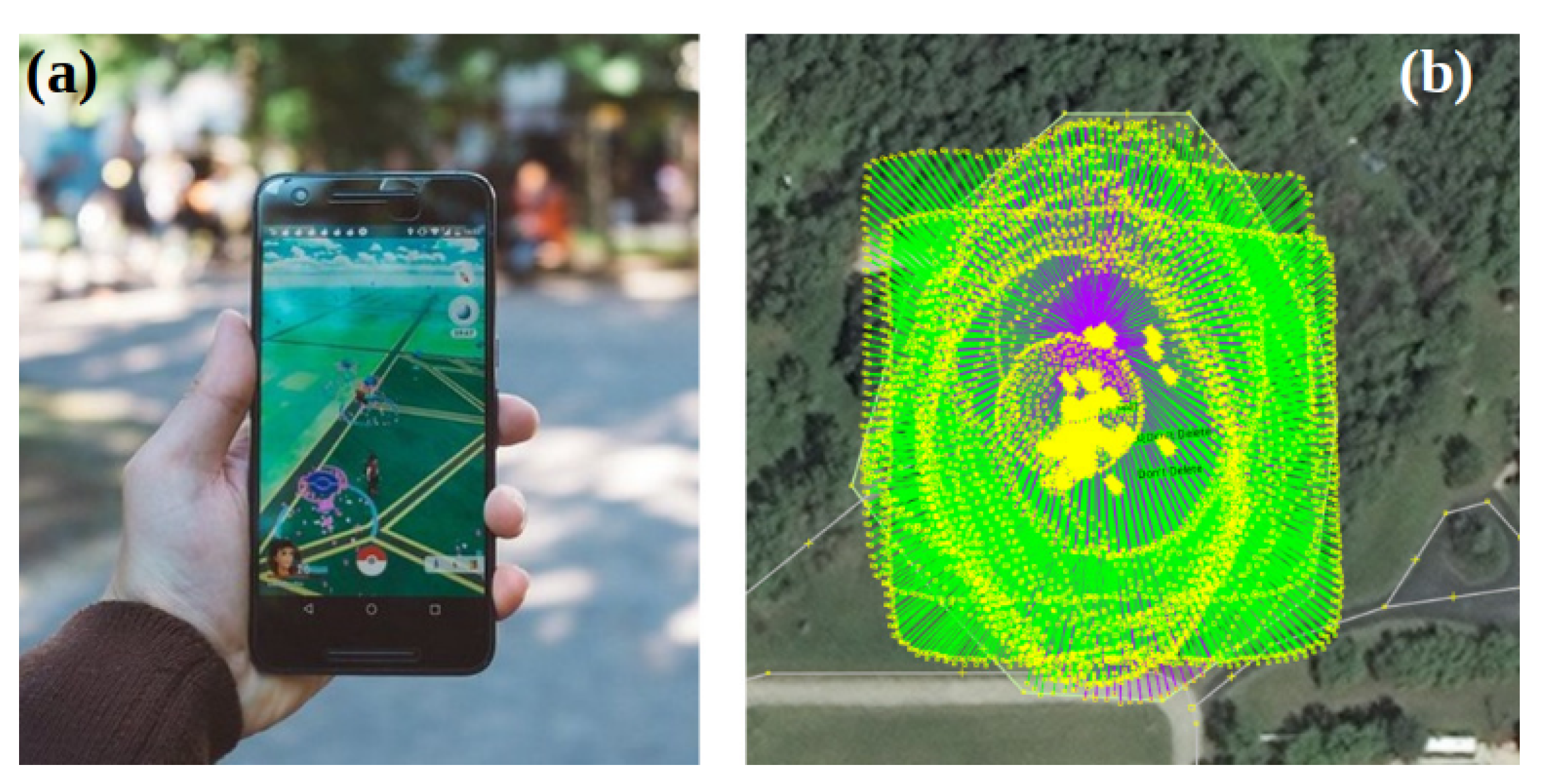 Pokémon GO user map interface (a) and corresponding OpenStreetMap