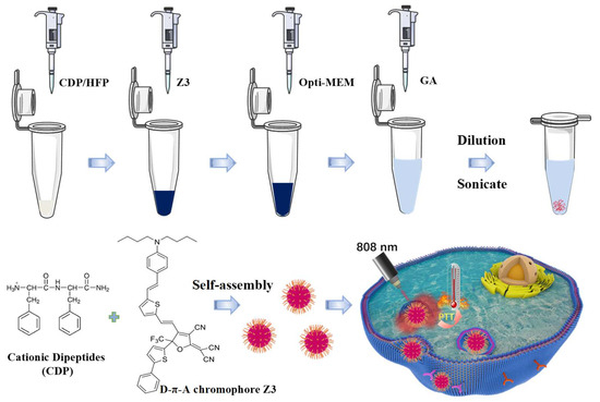 Self-Assembled Nanoparticles from Cationic Dipeptides and D-π-A