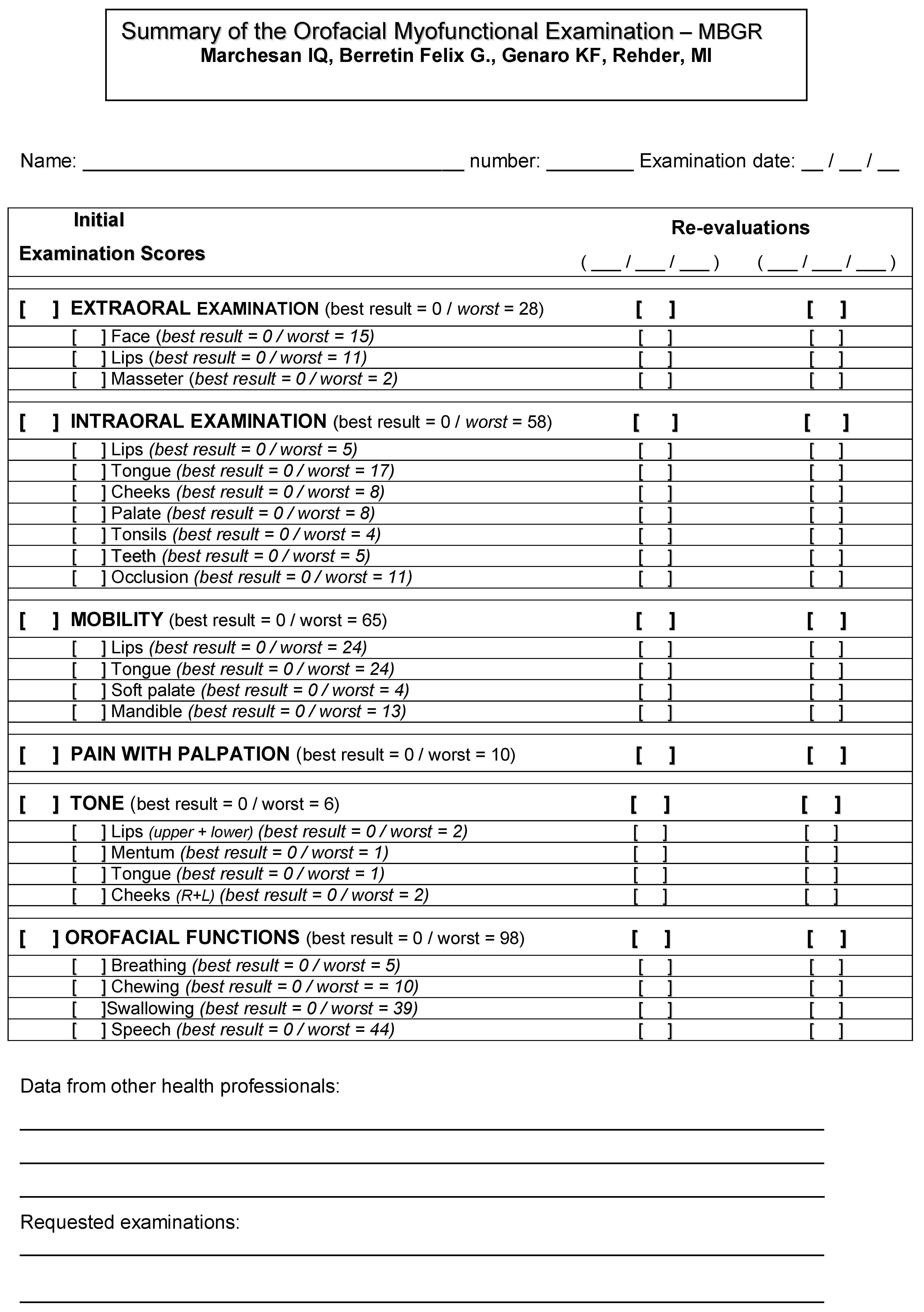 MBGR Protocol of Orofacial Myofunctional Evaluation with Scores