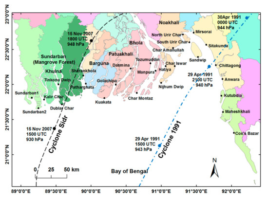 JMSE | Free Full-Text | Impact of Cyclone Track Features and Tidal Phase Shift upon Surge Characteristics in the Bay of Bengal along the Bangladesh Coast | HTML