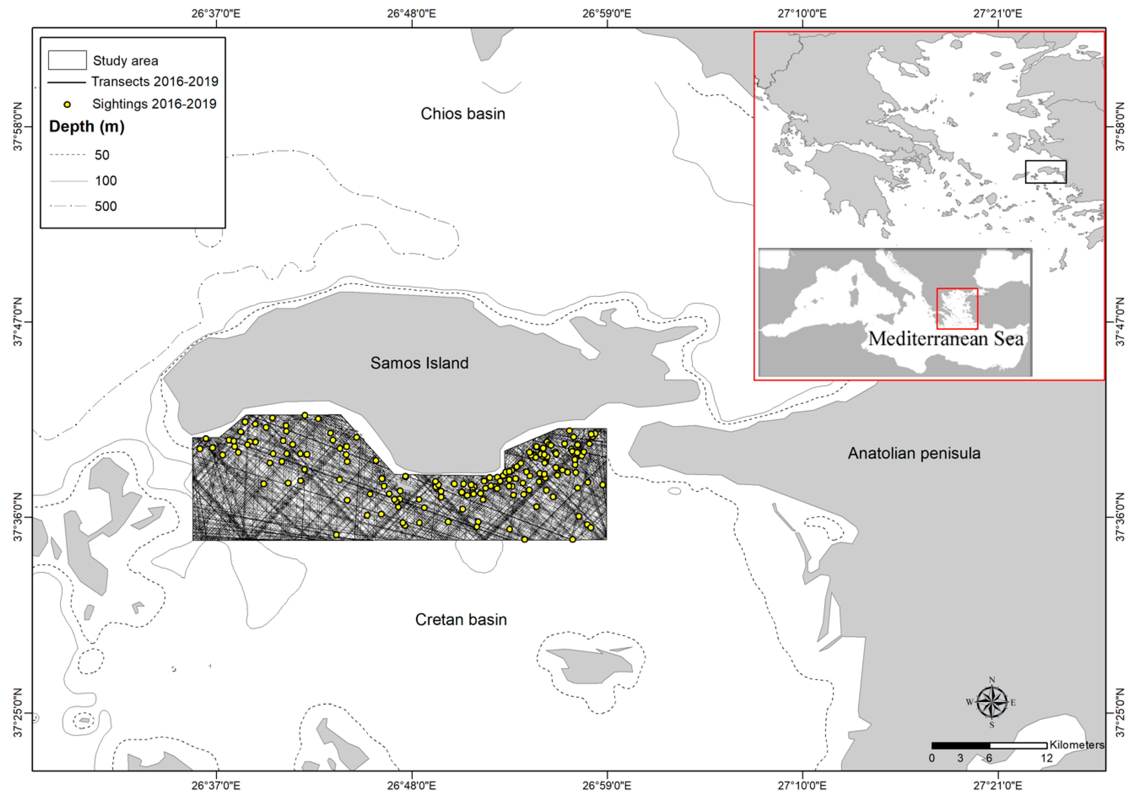 Map of the Mediterranean Sea indicating the sampled localities, coded