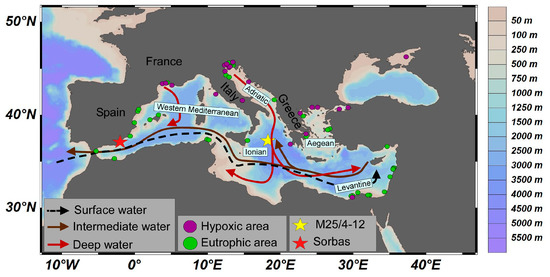 Map of the Mediterranean Sea indicating the sampled localities, coded