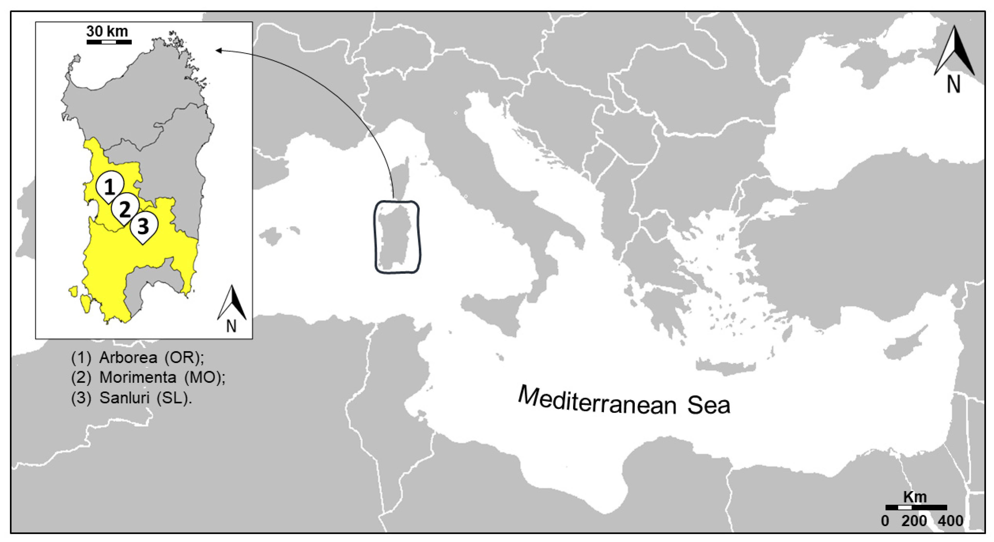 Map of the Mediterranean Sea indicating the sampled localities, coded