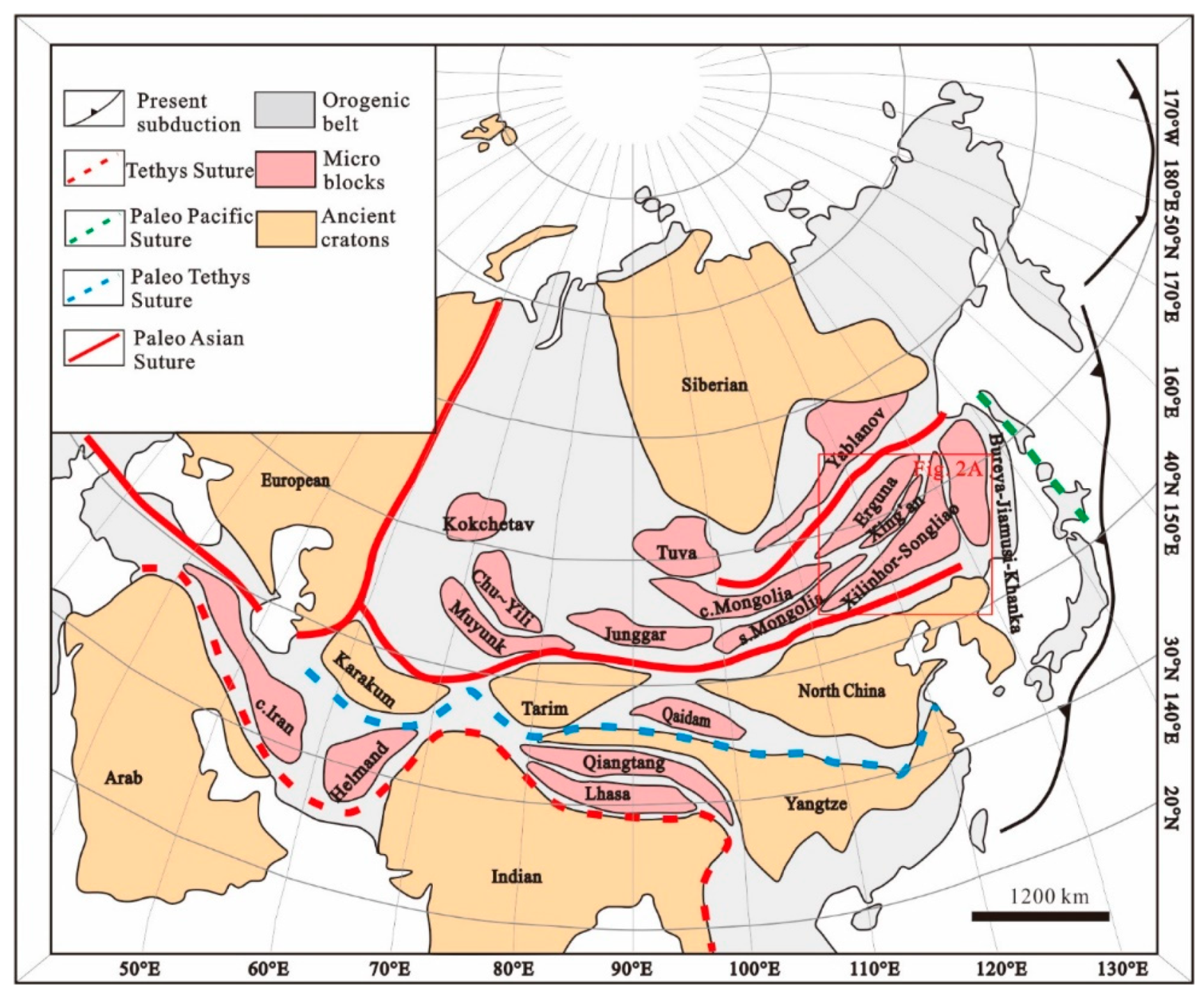 Main tectonic map of the Central Asian Orogen Belt (CAOB; modified