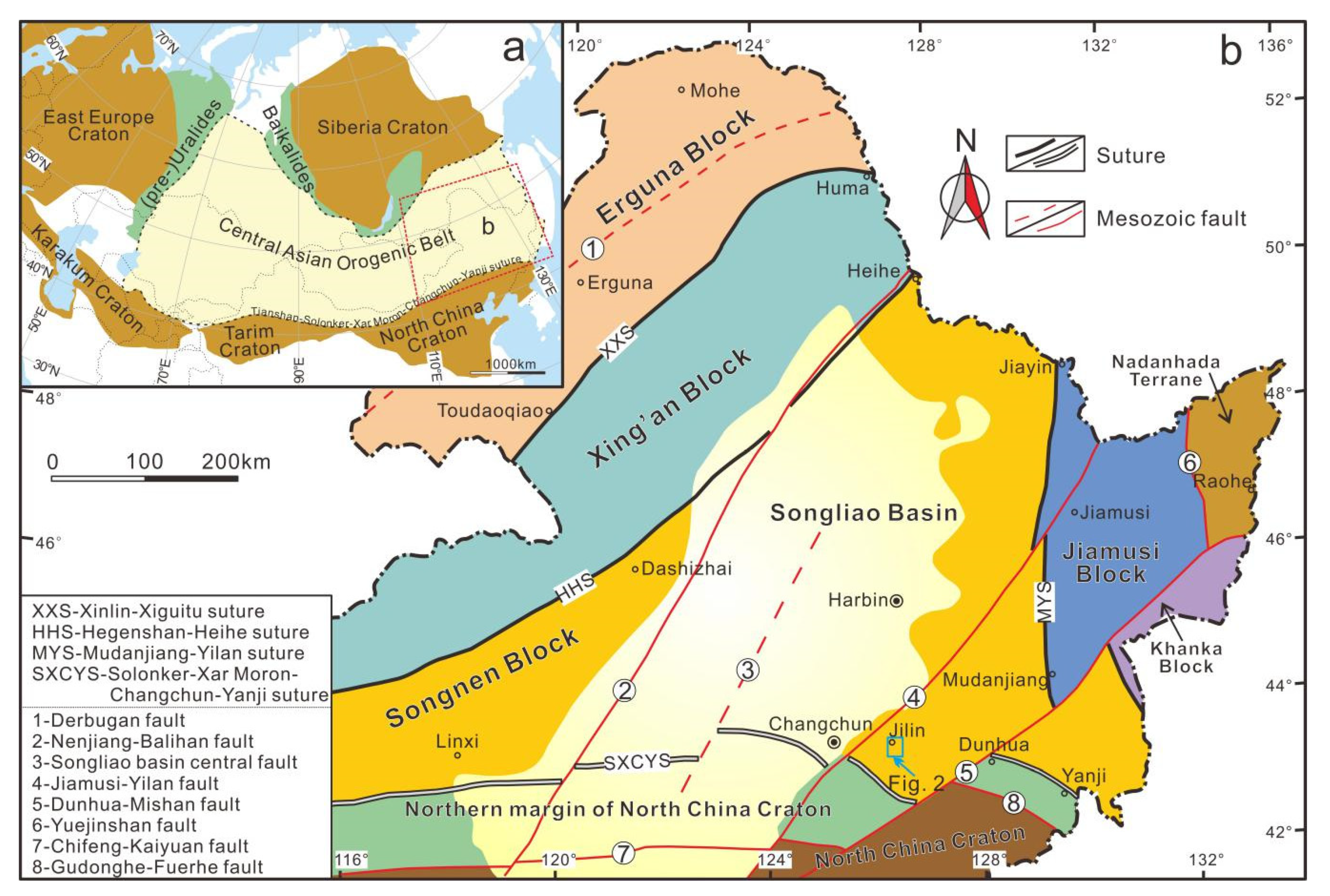 Simplified map of the Central Asian Orogenic Belt (CAOB). The map