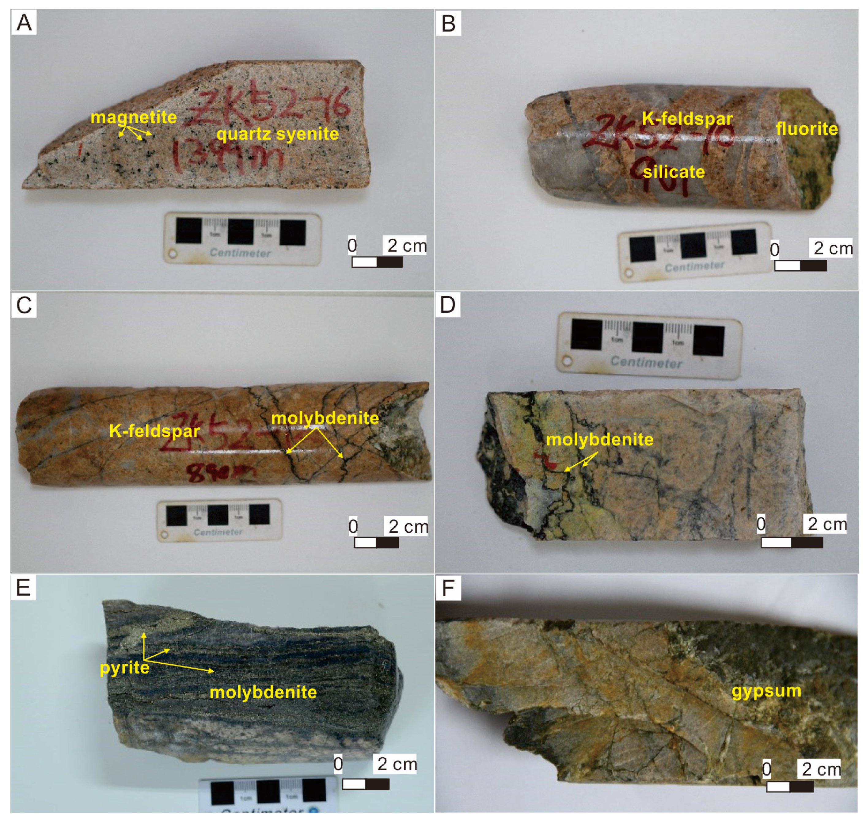 Hand samples of; (a) salt rock, (b) iron oxide, (c) rhyolite, (d)