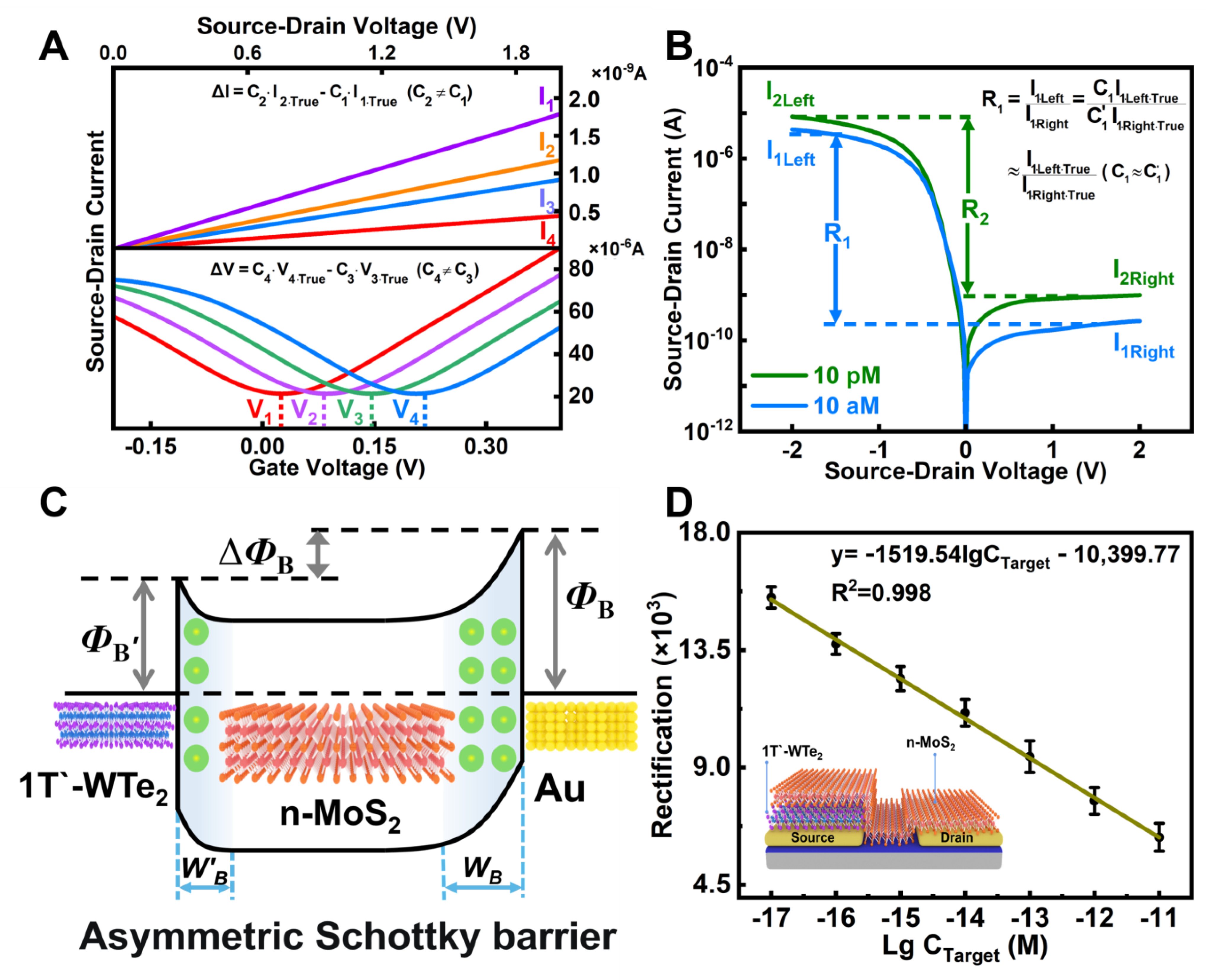 Asymmetric Schottky Barrier-Generated MoS2/WTe2 FET