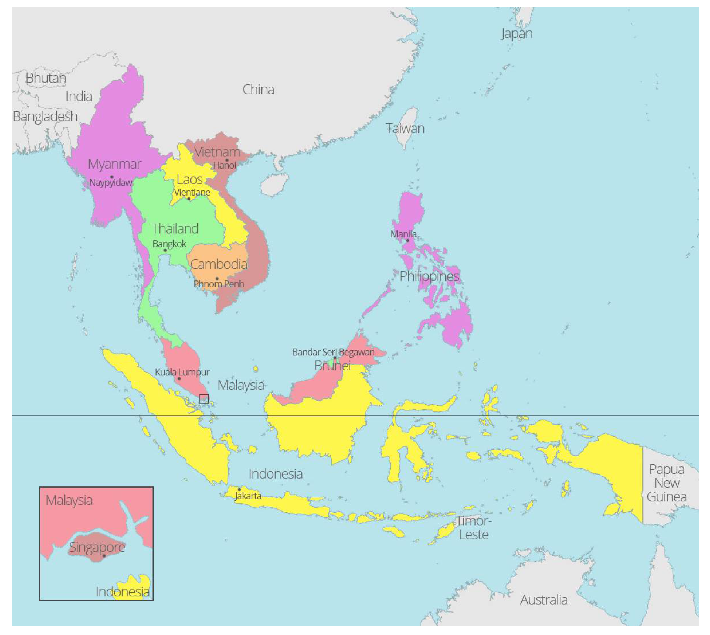 Филиппины индонезия малайзия. Ассоциация государств Юго-Восточной Азии на карте. АСЕАН на карте. Состав АСЕАН на карте. АСЕАН на карте Азии.