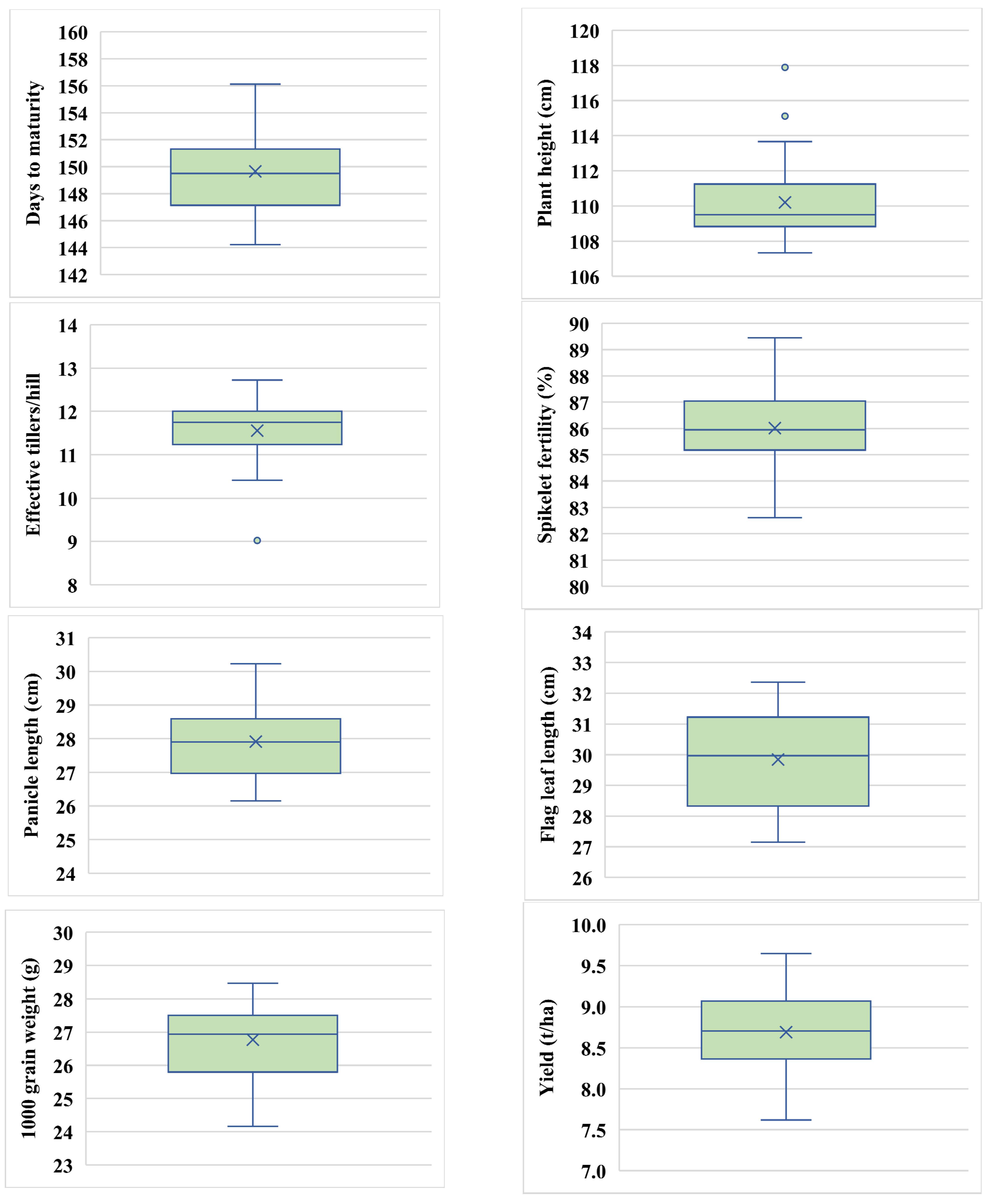 One-thousand grain weight and grain yield of 26 hybrids rice grown