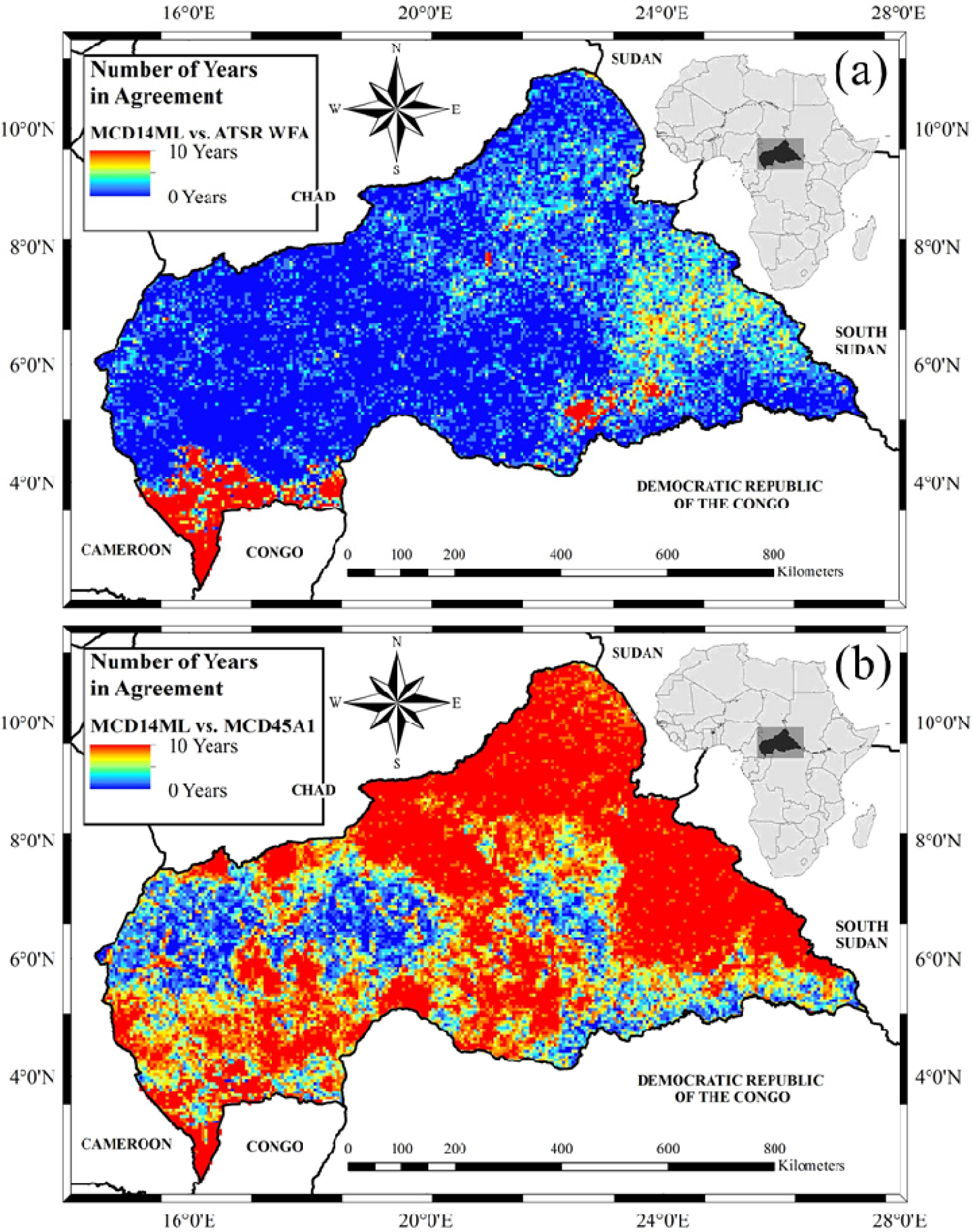 Remote Sensing Free Full Text A Decade Long Multi Scale Map Comparison Of Fire Regime Parameters Derived From Three Publically Available Satellite Based Fire Products A Case Study In The Central African Republic