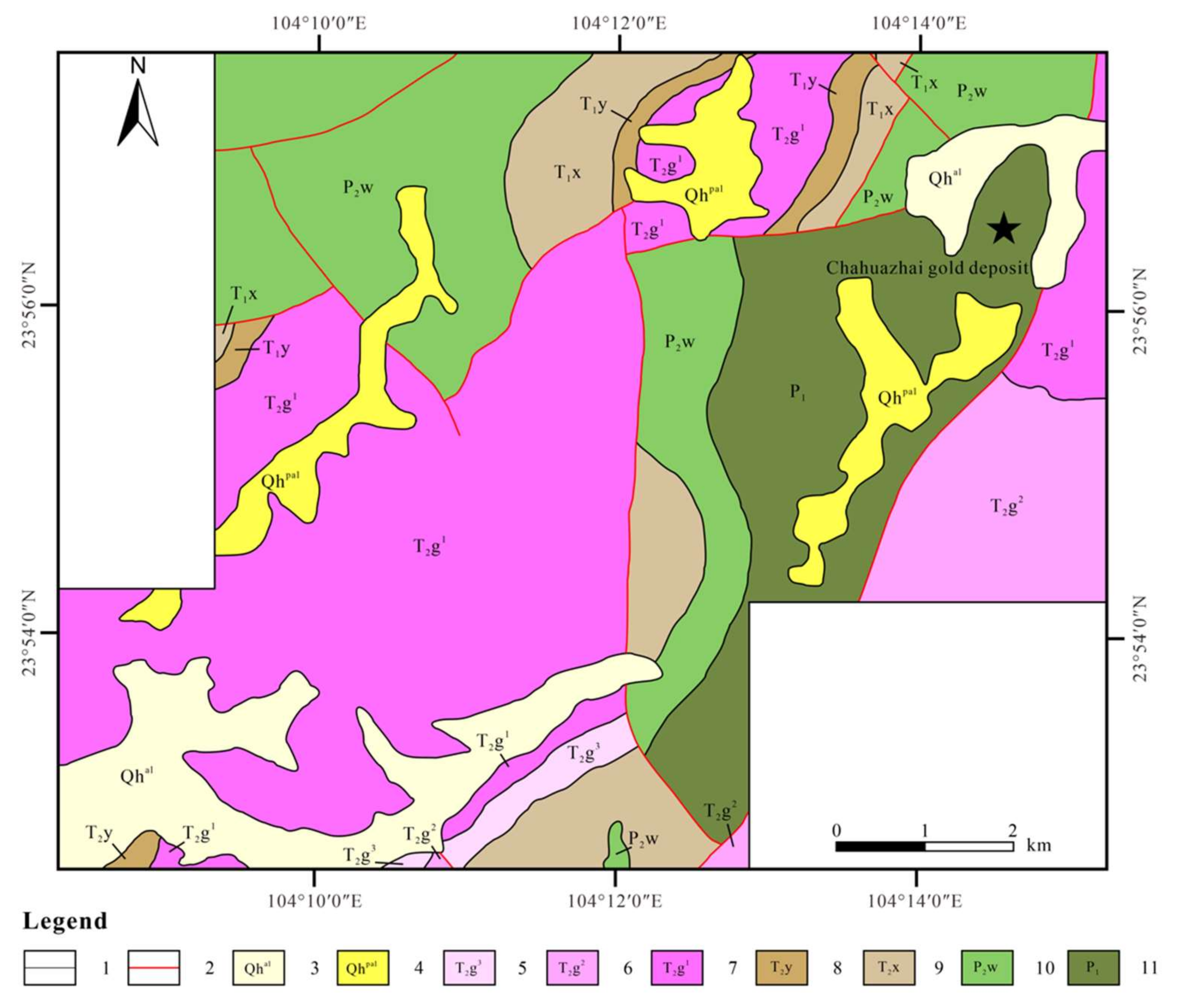 a Geologic map of the environs of the gold deposits and