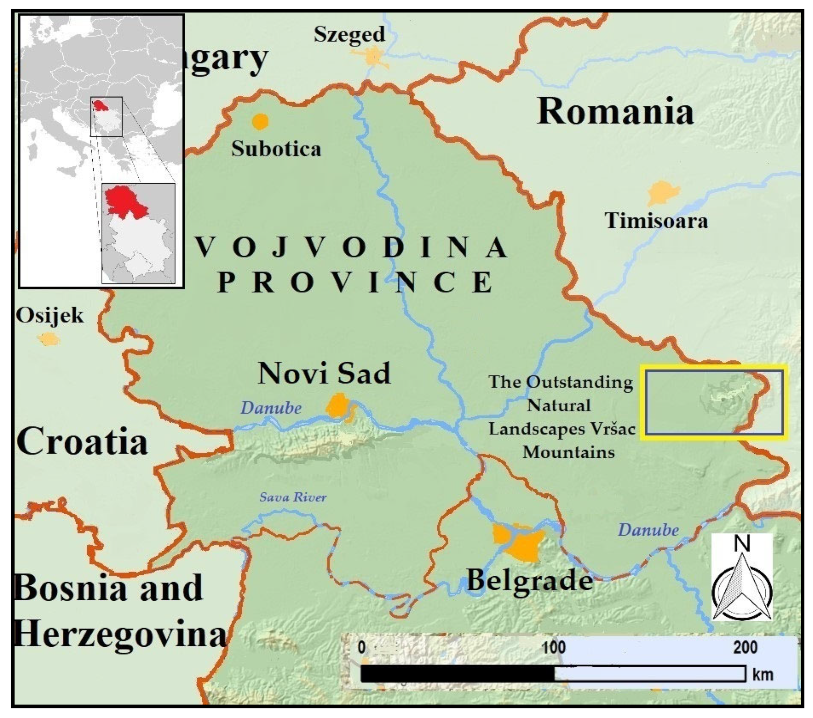 a) Location of the Vojvodina Province (Serbia) in Europe and (b)